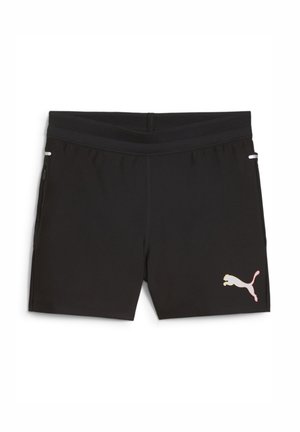 Sorte atletiske shorts lavet af stof, med en mesh-linning, sidelommer med lynlås og et multifarvet Puma-logo nederst til højre.