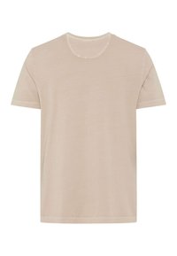 Beige kortærmet T-shirt lavet af blødt stof, med en rund halsudskæring og et enkelt, udekoreret design.