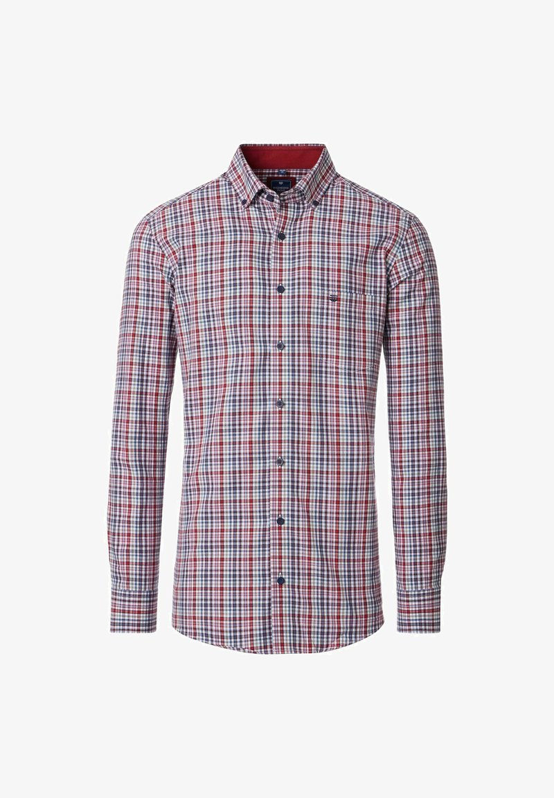 Overhemd voor mannen met lange mouwen, in een geruit patroon van rood, wit en blauw, met een geknoopte kraag en een borstzak.