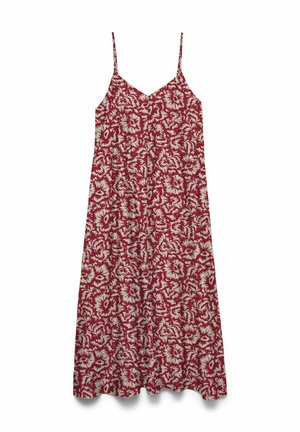 Robe midi rouge sans manches avec bretelles fines et motif floral abstrait blanc, coupe ample et décolleté en V.