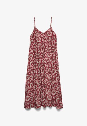 Robe midi rouge sans manches avec bretelles fines et motif floral abstrait blanc, coupe ample et décolleté en V.