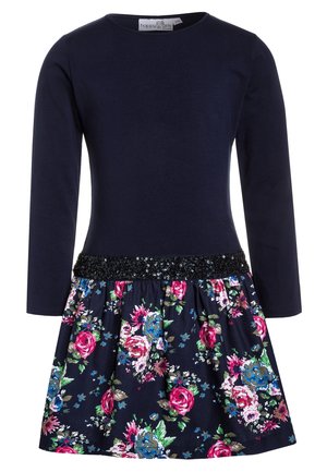Granatowa sukienka z długim rękawem, z kwiatowym dołem i czarnym, cekinowym paskiem w talii.