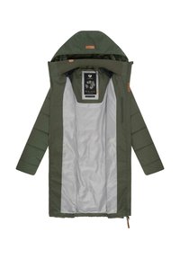 Groene geïsoleerde jas met een capuchon, gladde binnenvoering, ritssluiting en contrasterende texturen op de zijpanelen. Bevat een label aan de binnenkant.