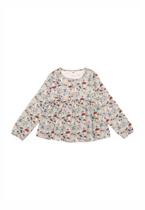 Langärmlige hellblaue Bluse mit floralem und Pilzmuster, rundem Ausschnitt, Knopfleiste und gerafftem Tailleneinsatz für eine lässige Passform.