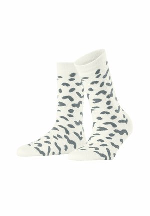 Weiße Socken mit einem grauen Leopardenmuster, ausgestattet mit gerippten Bündchen und einer weichen Textur. Standard Crew-Länge Design für zusätzlichen Komfort.