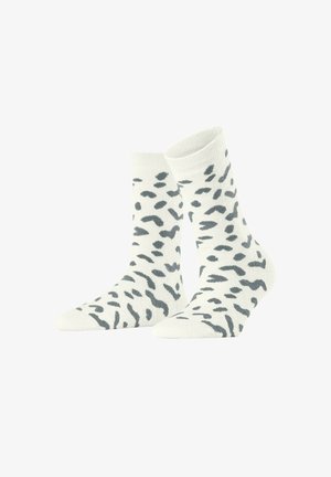 White socks with a grey leopard print pattern, featuring ribbed cuffs and a soft texture. Standard crew length design for comfort.