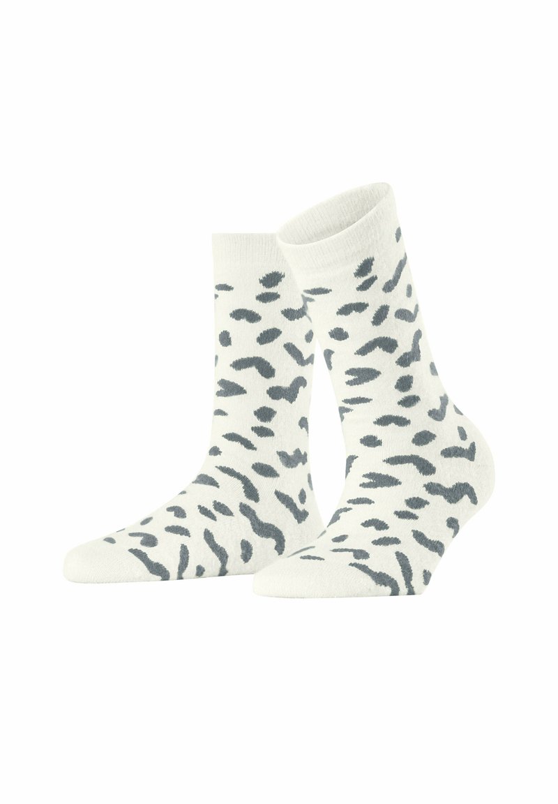 Chaussettes blanches avec un motif léopard gris, dotées de bords côtelés et d'une texture douce. Design standard de longueur mi-mollet pour plus de confort.