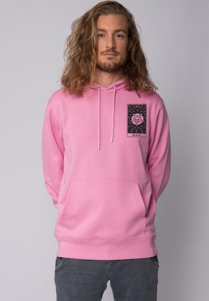 Roze hoodie van een katoenmix, met een voorzak, capuchon met trekkoord en een grafisch ontwerp op de linkerborst met een roos en tekst.