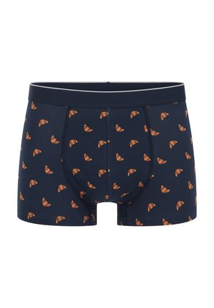 Chiloți tip boxer pentru bărbați, de culoare bleumarin, cu un model complet de croissante mici portocalii și o talie elastică de culoare închisă.