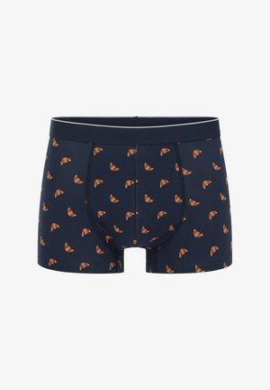 Granatowe męskie bokserki z wzorem drobnych pomarańczowych rogalików na całej powierzchni oraz ciemną elastyczną gumką w pasie.