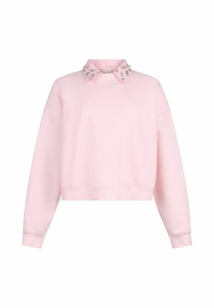 Sudadera de manga larga color rosa claro con un cuello decorado con adornos plateados y un dobladillo cropped.