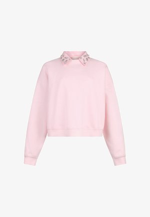 Felpa rosa chiaro a maniche lunghe con colletto decorato da applicazioni argentate e orlo corto.