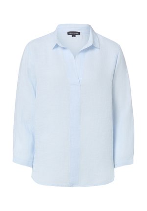 Blouse en lin bleu clair à manches longues avec col mandarin et patte de boutonnage dissimulée, taille 36 par Franco Callegari.