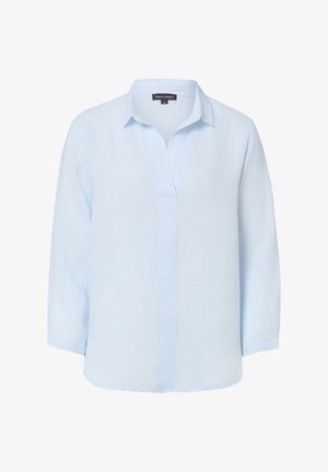 Lichtblauw linnen blouse met lange mouwen, mandarijnkraag en verborgen knoopsluiting, maat 36 van Franco Callegari.