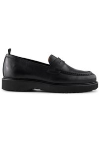 Svarta lädertofflor med rund tå, sömdekorationer och gummisula. Har en liten ovansida rem och en bakre dragflik.