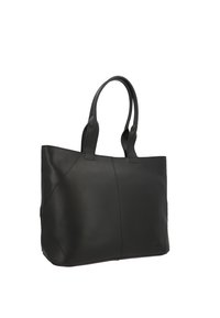 Zwarte leren tote bag met twee schouderbanden. Heeft een gladde textuur, een minimalistisch ontwerp en gedetailleerde stitching langs de naden.