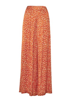 Gonna maxi in tonalità di arancione, con un motivo geometrico e design plissettato. Realizzata in tessuto leggero con una silhouette fluida.