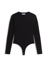 Fekete, hosszú ujjú body sima anyagból, kerek nyakkivágással és snap záródású tanga alsó résszel. Klasszikus, testhez simuló fazon.