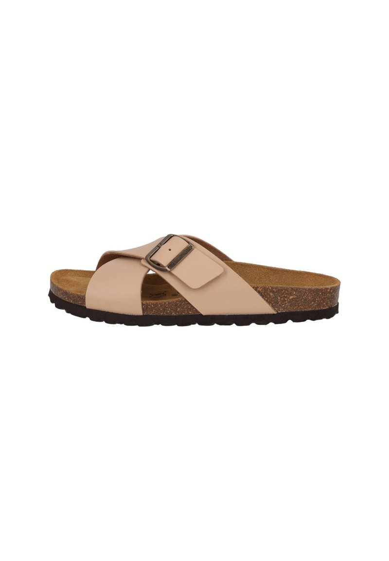 Beige slide sandal with crossover straps, a metallic buckle, cork footbed, and textured rubber sole. Designed for comfort and simplicity.