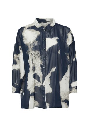 Luftige, durchsichtige Button-Up-Bluse mit einem navy-, weiß- und graufarbenen abstrakten Blumenmuster und langen Ärmeln.