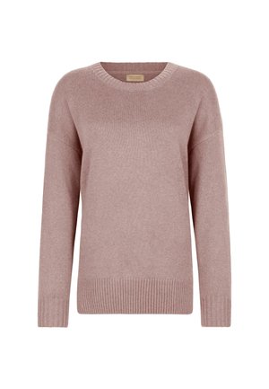 Hellrosa gestrickter Pullover mit Rundhalsausschnitt, gerippten Bündchen und einem breiten gerippten Saum. Weiche Textur mit einer lockeren Passform.