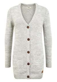 Ljusgrå stickad cardigan med V-ringning, fem bruna knappar, ribbade mudd och fåll, samt två framfickor. Har en liten logotagg.