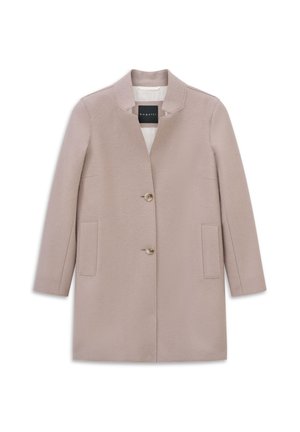 Beige wool blend women's coat with two front pockets, two buttons, a notch collar, and a black inner label reading "bugatti."