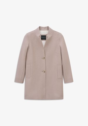 Beige wool blend women's coat with two front pockets, two buttons, a notch collar, and a black inner label reading "bugatti."