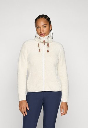 Fleece-takki vaalean valkoisena, jossa on korkea kaulus, täysipitkä vetskari ja säädettävät nyörit. Mukana sivutaskut ja pehmeä, teksturoitu kangas.