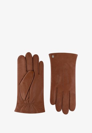 Brown leather gloves with a smooth texture, a fitted design, gathered wrist detail, and subtle stitching accents. Features a small logo.