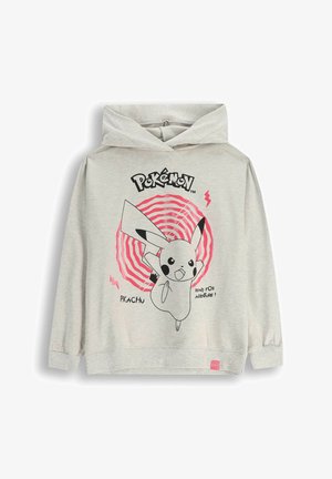 Jasnoszara bluza z kapturem z czarnym graficznym wzorem Pikachu na różowym spiralnym tle, z napisem "Gotowy na przygodę!" w kolorze czarnym. Materiał mieszanki bawełny.