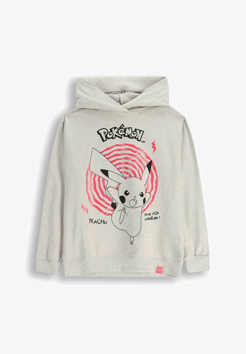 Jasnoszara bluza z kapturem z czarnym graficznym wzorem Pikachu na różowym spiralnym tle, z napisem "Gotowy na przygodę!" w kolorze czarnym. Materiał mieszanki bawełny.