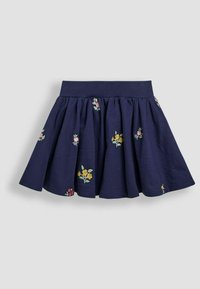 Gonna plissee blu navy con vita elastica e piccoli fiori ricamati in rosa, giallo e rosso sparsi qua e là.