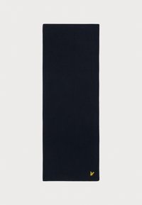 Marine gebreide sjaal van zachte stof, met een eenvoudig ontwerp en een klein geel logo in de onderste hoek. Rectangulaire vorm.