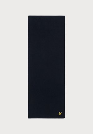 Bufanda de punto en color marino, hecha de una tela suave, con un diseño sencillo que presenta un pequeño logo amarillo en la esquina inferior. Forma rectangular.