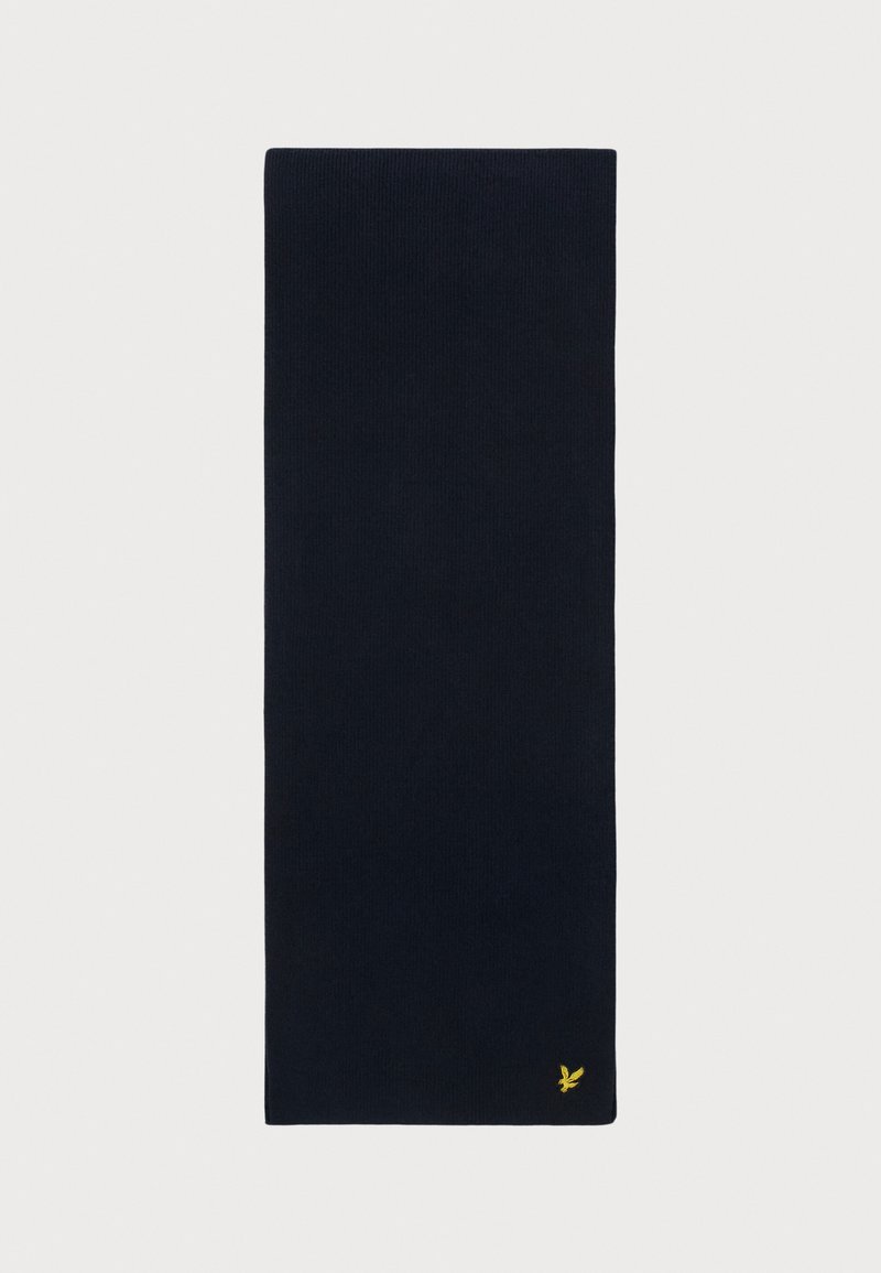 Marine gebreide sjaal van zachte stof, met een eenvoudig ontwerp en een klein geel logo in de onderste hoek. Rectangulaire vorm.