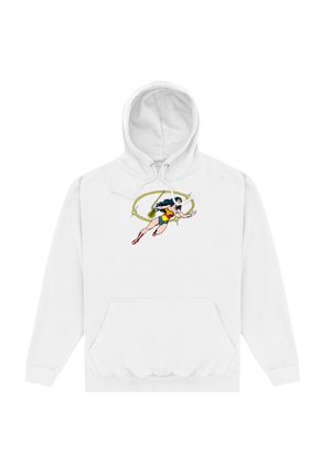 Biała bluza z kapturem z grafiką Wonder Woman w akcji, z wielokolorowymi detalami, w tym jej stroju i lassem.