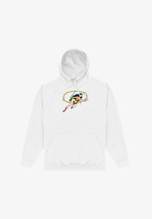 Witte capuchontrui met een grafisch ontwerp van Wonder Woman in volle actie, met meerkleurige details inclusief haar outfit en lasso.