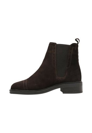 Bottes chelsea en daim marron, avec des panneaux latéraux élastiques, un bout rond, des détails de couture subtils et un petit talon empilé.