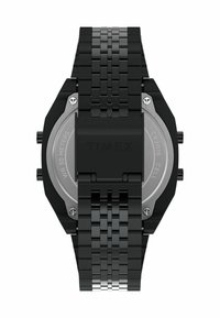 Timex-Uhr mit einem schwarzen Edelstahlarmband, achteckigem Gehäuse, silberner Rückseite und zwei seitlichen Knöpfen; wasserdicht bis zu 30 Metern.