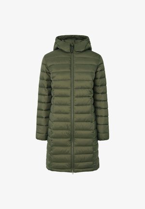 Giacca imbottita verde oliva con cappuccio, dotata di chiusura frontale con zip e maniche lunghe. Il design presenta linee trapuntate orizzontali e un taglio di lunghezza media.