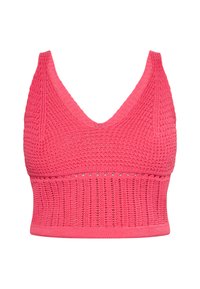 Top cu croșetat de culoare roz aprins. Are un decolteu în V, o țesătură texturată și o siluetă ajustată cu un bandă de jos cu model canal.