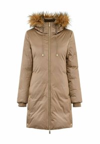 Brązowa kurtka puchowa z kapturem z sztucznego futra, z zamek błyskawicznym z przodu, bocznymi kieszeniami i ściągaczami na rękawach. Gładka tekstura z błyszczącym wykończeniem.