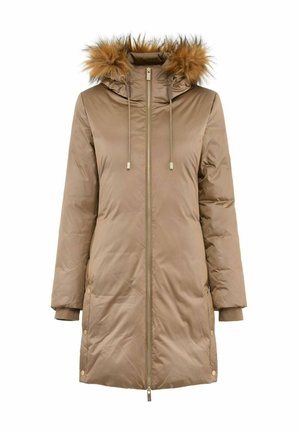 Brązowa kurtka puchowa z kapturem z sztucznego futra, z zamek błyskawicznym z przodu, bocznymi kieszeniami i ściągaczami na rękawach. Gładka tekstura z błyszczącym wykończeniem.