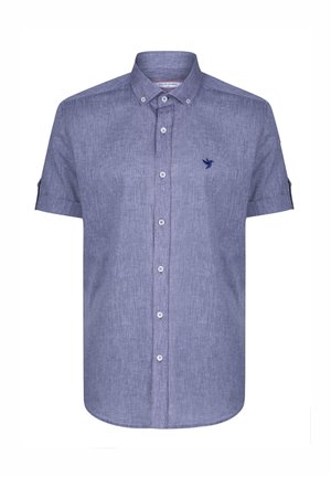Short-sleeve button-up shirt in light blue linen fabric, featuring a subtle texture, white buttons, and a small embroidered bird logo.