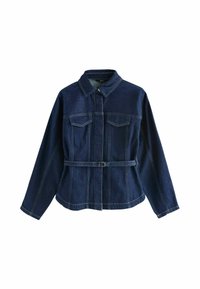 Mørkeblå denimjakke med lange ærmer, knaplukning foran, to brystlommer og et matchende bælte i taljen.