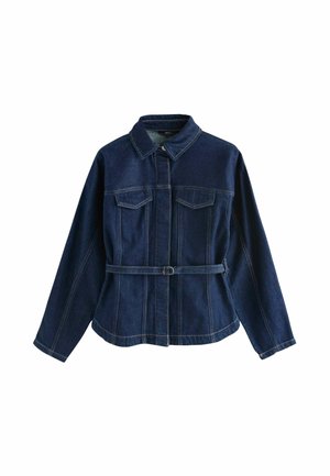 Dunkelblaue Jeansjacke mit langen Ärmeln, geknöpftem Frontverschluss, zwei Brusttaschen und einem passenden Gürtel in der Taille.