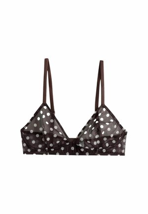 Sheer black bralette with white polka dots, triangular cups, and thin adjustable shoulder straps on a white background.