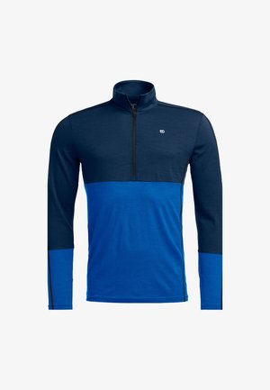 Herren-Halbzip-Longsleeve in Dunkelblau und Hellblau, aus weichem Stoff mit kontrastierenden Abschnitten und schwarzem Reißverschlussdetail.