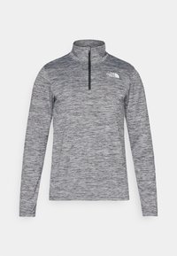 Grauer Langarm-Pullover mit einem halben Reißverschluss am Kragen, gefertigt aus einem strukturierten Stoff mit dezentem Melierungsmuster. Logo auf der Brust.